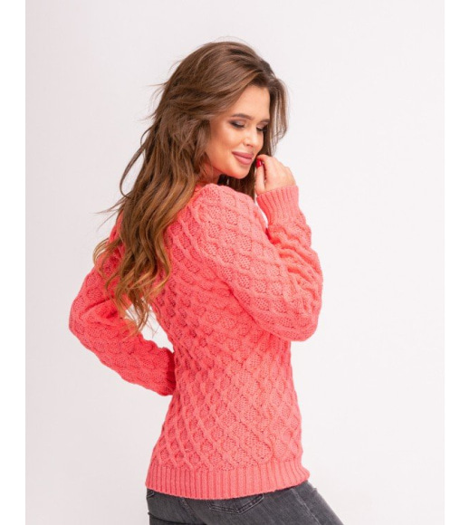 Коралловый шерстяной удлиненный вязаный свитер