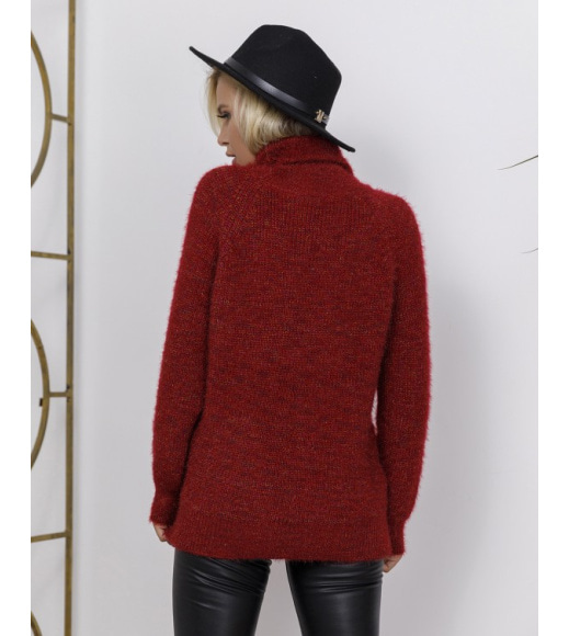 Бордовый меланжевый вязаный свитер с высоким горлом