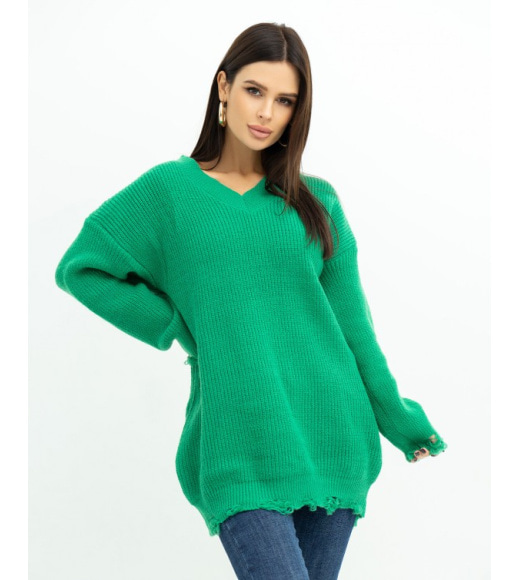 Зеленый вязаный пуловер с перфорацией
