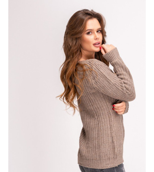 Коричневый шерстяной теплый свитер комбинированной вязки