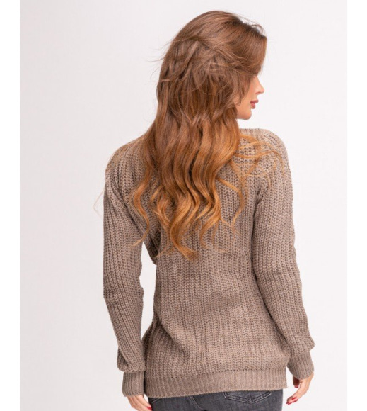 Коричневый шерстяной теплый свитер комбинированной вязки