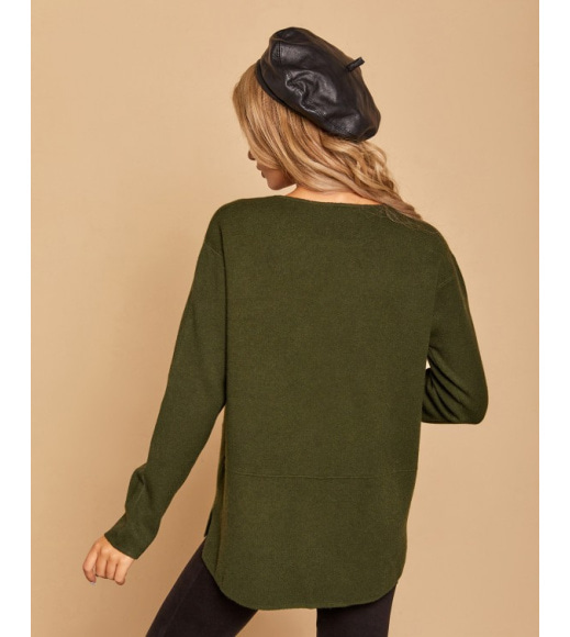 Асимметричный свитер цвета хаки с карманами