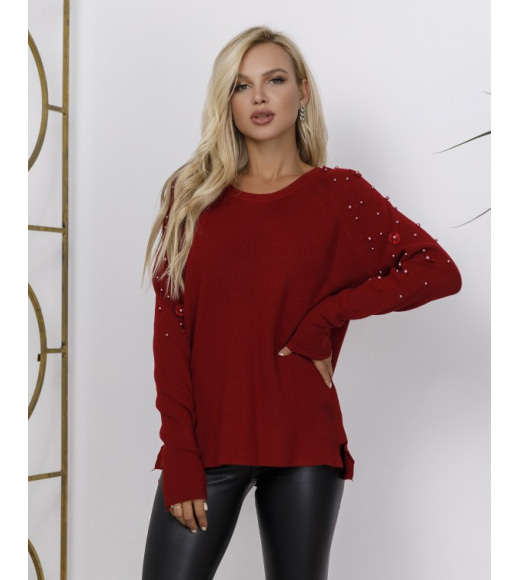 Бордовий ангоровий вільний светр з декором