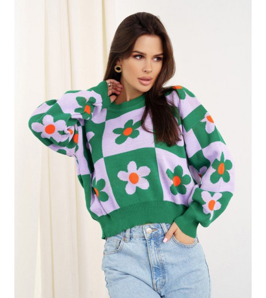 Зеленый клетчатый свитер с цветочным декором