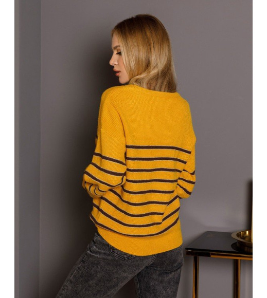 Гірчичний в`язаний смугастий светр з люрексом