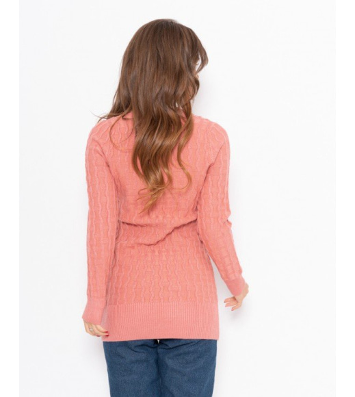 Персиковий вовняний подовжений светр в`язаний