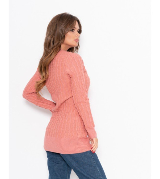 Персиковый шерстяной вязаный удлиненный свитер