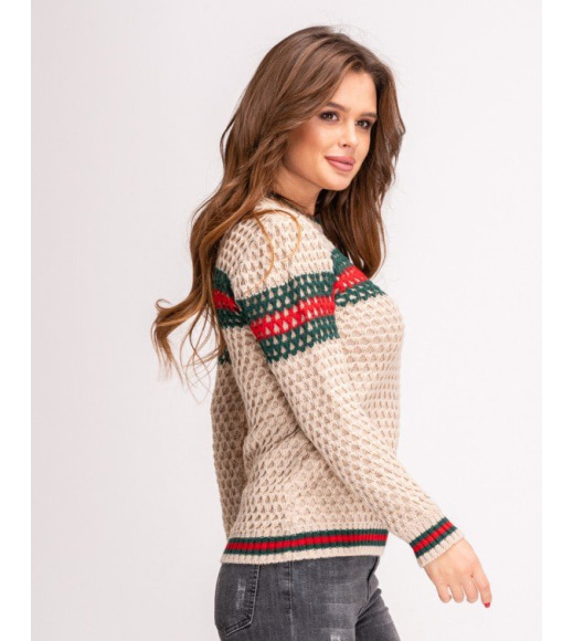 Бежевый шерстяной свитер объемной вязки с цветным декором