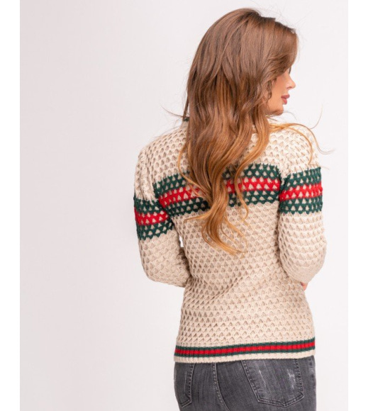Бежевий вовняний светр об`ємної в`язки з кольоровим декором