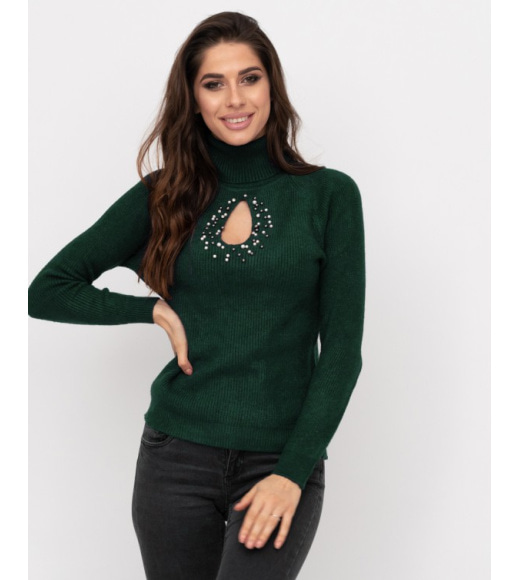 Зеленый шерстяной свитер с декоративным вырезом
