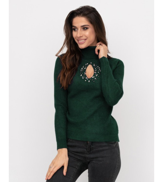 Зеленый шерстяной свитер с декоративным вырезом