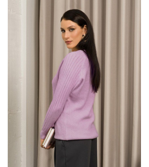 Сиреневый ангоровый свитер комбинированной вязки