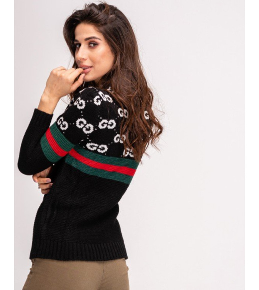 Черный свитер с лого и полосатыми вставками