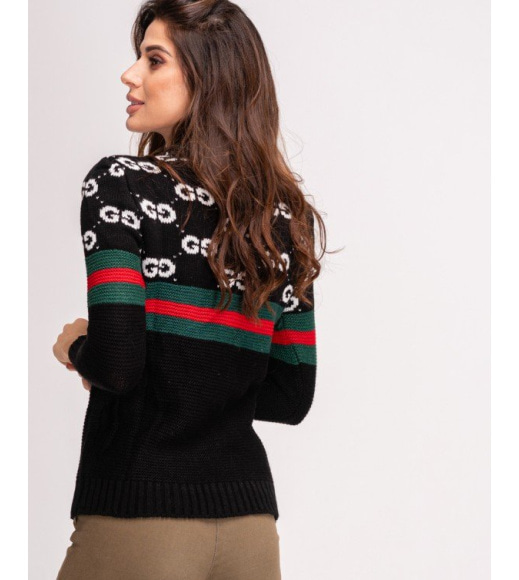 Чорний светр з лого і смугастими вставками
