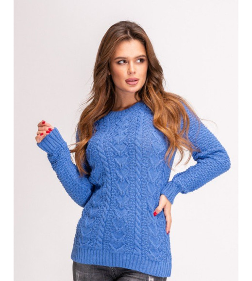Синий теплый свитер объемной вязки