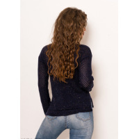 Темно-синий меланжевый ангоровый свитер с перфорированной вязкой