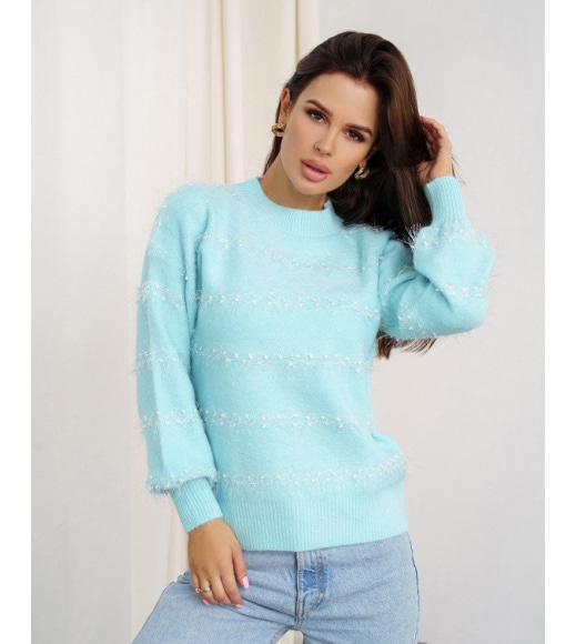 Голубой свитер-травка с полосатым декором
