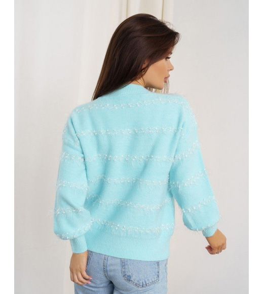 Голубой свитер-травка с полосатым декором