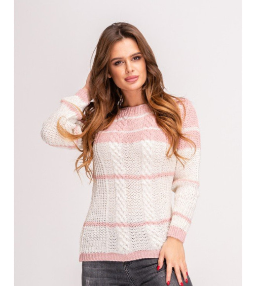 Бело-розовый шерстяной свитер с горловиной-лодочкой