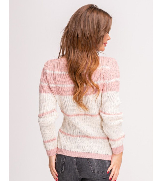 Бело-розовый шерстяной свитер с горловиной-лодочкой