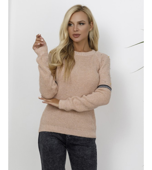 Розовый вязаный свитер с бусинами и люрексом
