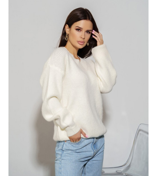 Молочный шерстяной вязаный пуловер
