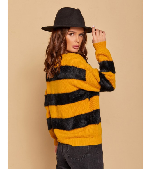 Желто-черный комбинированный полосатый свитер