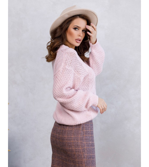 Розовый шерстяной свитер комбинированной вязки