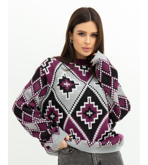 Фиолетовый свободный свитер с орнаментом