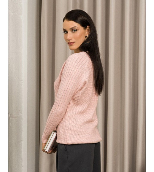Розовый ангоровый свитер комбинированной вязки