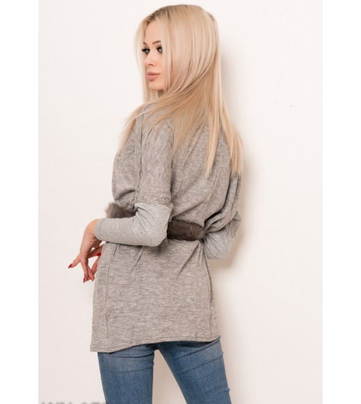 Серый свободный удлиненный ангоровый свитер со съемным меховым поясом