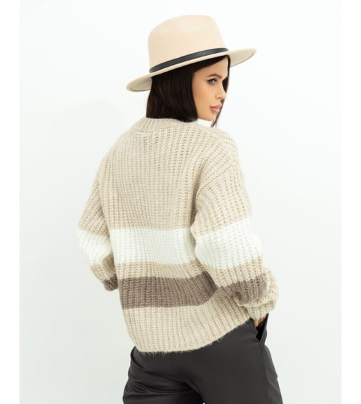 Бежевий вовняний светр зі смугастими вставками