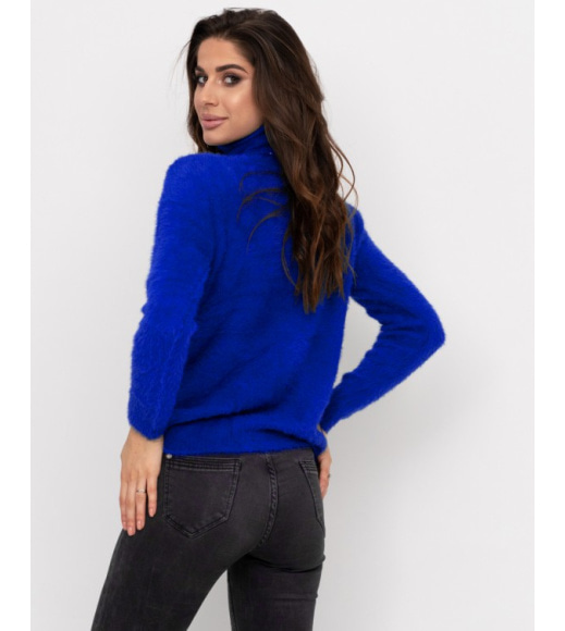 Синий теплый свитер-травка с высоким горлом