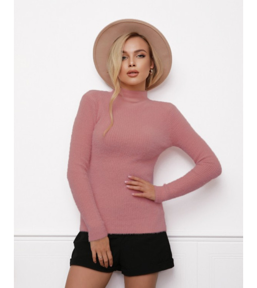 Темно-розовый фактурный свитер-травка с высоким горлом