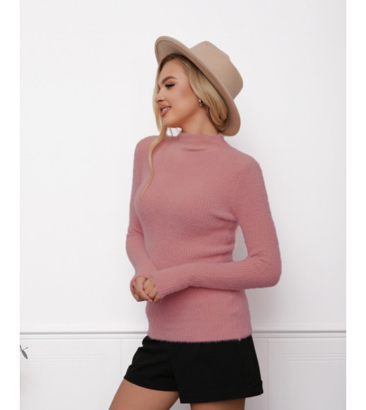 Темно-розовый фактурный свитер-травка с высоким горлом