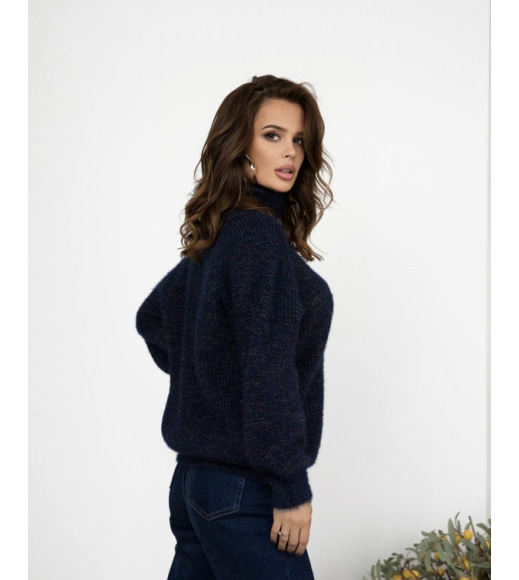 Темно-синий меланжевый вязаный свитер с высоким горлом