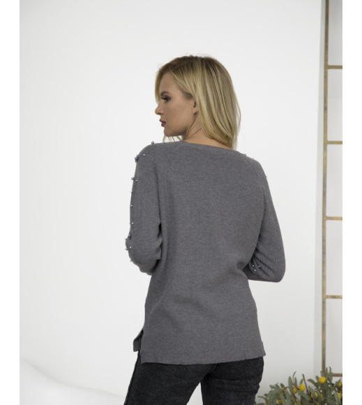 Серый ангоровый свободный свитер с декором