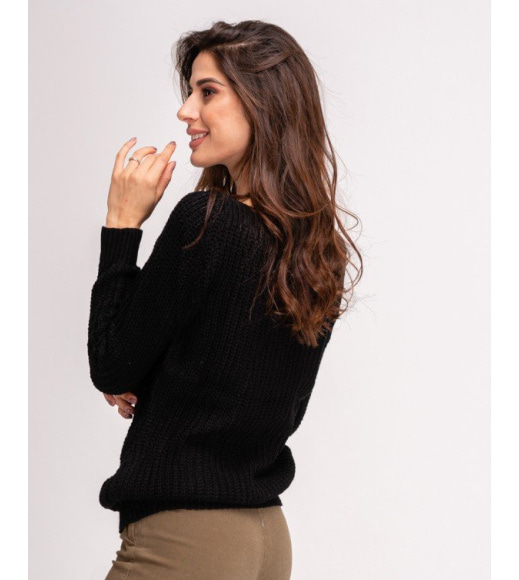 Черный шерстяной теплый свитер комбинированной вязки