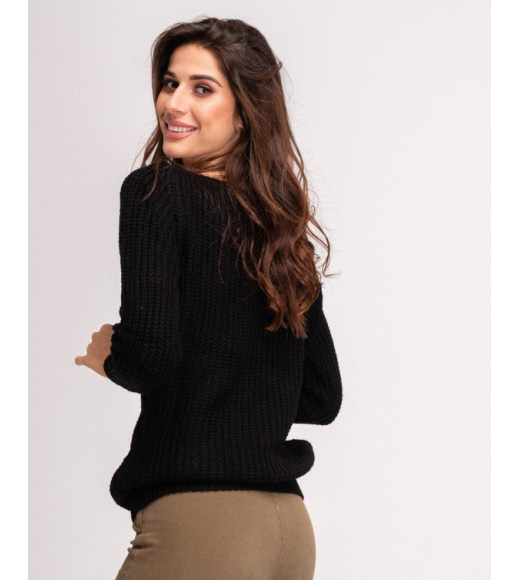 Черный шерстяной теплый свитер комбинированной вязки