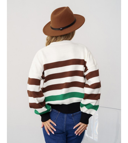 Білий светр із зелено-коричневими смужками