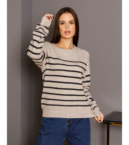 Темно-бежевий в`язаний смугастий светр з люрексом