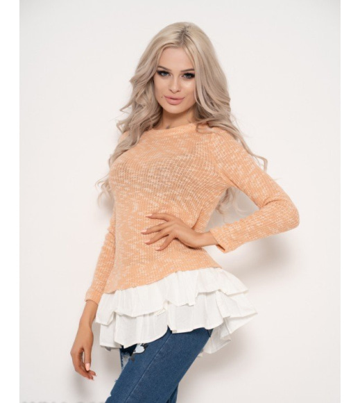 Тонкий персиковый свитер с белыми воланами
