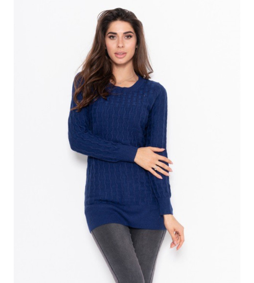Темно-синій вовняний подовжений светр в`язаний