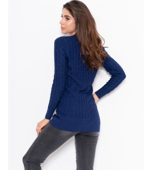 Темно-синій вовняний подовжений светр в`язаний