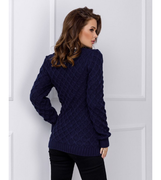 Темно-синий удлиненный свитер ажурной вязки