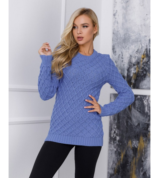 Синий удлиненный свитер ажурной вязки