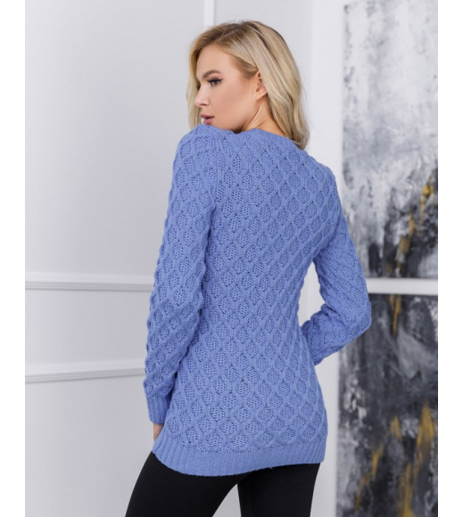 Синий удлиненный свитер ажурной вязки