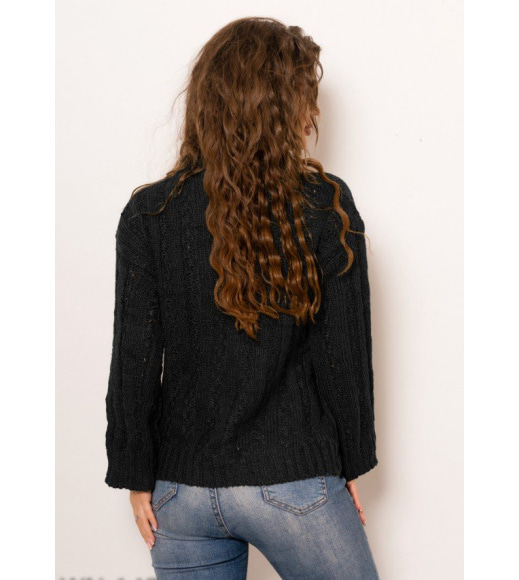Черный однотонный шерстяной свободный свитер фактурной вязки