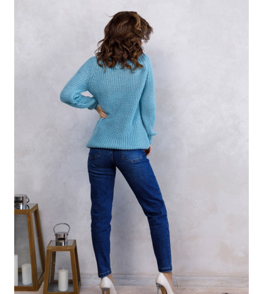 Голубой вязаный свитер из шерсти с люрексом