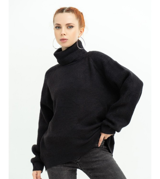 Черный теплый свитер-гольф комбинированной вязки